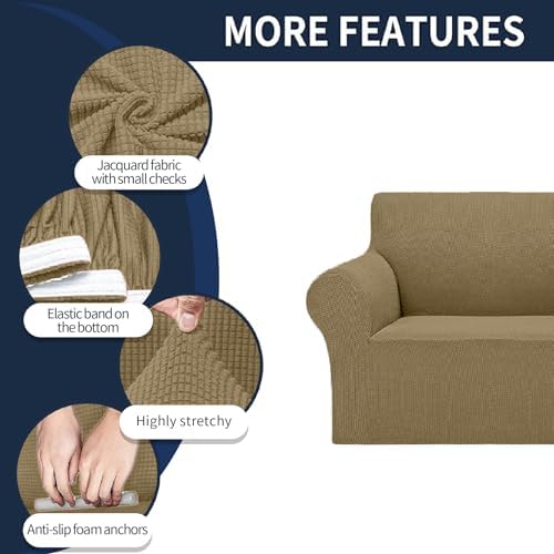 Cupuamon 2026 New Stretch Chair Sofa Slipcovers Couch Cover for 1 Seater Furniture Protector Sofa Covers with Elastic Bottom Jacquard Fabric Small Checks for Pets, Kids - Tan - Image 4