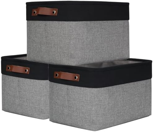 Bagnizer Storage Bins Large Fabric Storage Baskets for Shelves 3 Pack, Decorative Linen Closet Baskets with Handles for Organizing, Shelf, Clothes, Home, Office, 15x11x9.5Inches (Grey&Black) by Bagnizer