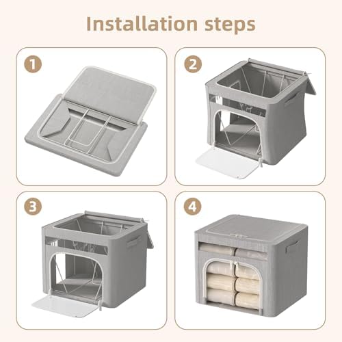 FHSQX 6 Pack Foldable Storage Bins for Clothes Clothes Storage Bins with Metal Frame Stackable Storage Box with Lid (Light Grey, 16.5x12.2x12.2 inch (40L)) - Image 6