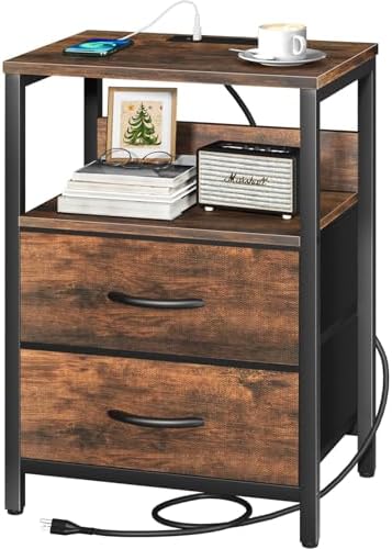 Yoobure Nightstand with Charging Station, Small Night Stand with Fabric Drawers and Storage Shelf for Bedrooms, Small Spaces, Bedside Table with USB Ports & Outlets by Yoobure