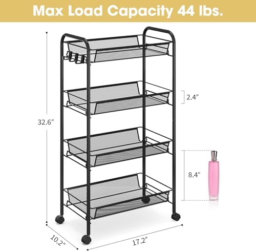 TOOLF 4-Tier Rolling Cart, Metal Utility Cart with 3 Hooks, Easy Assemble Mobile Storage Trolley On Wheels, Metal Shelving Units Kitchen Bathroom Laundry Room - Image 6