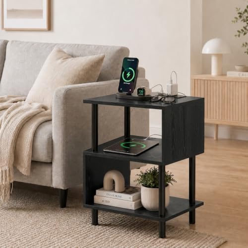 Frylr Side Table, Night Stand and End Table with Power Outlets and USB Ports, Strong Metal Frame, 44lb Capacity per Tier and Leveling Feet for Bedroom, Bedside, Living Room and Small Space, Black by Frylr