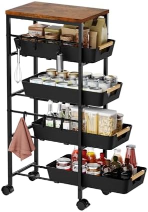 5-Tier Slim Storage Cart, Wooden Top Rolling Kitchen Cart with Pull-Out Baskets & Wheels, Narrow Space Utility Cart Slide Out Organizer for Kitchen, Bathroom, Laundry Room, Black by Landmok