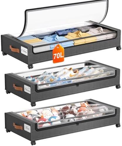 Yecaye 70 L Under Bed Storage with Wheels, 3 Pack Larger Capacity Under Bed Storage Containers, Underbed Shoe Storage Organizer, Rolling Under Bed Metal Drawers for Clothes, Blankets, Hemp Grey by Yecaye