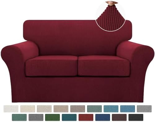 Turquoize 3 Piece Sofa Covers for 2 Cushion Couch Sofa Slipcover Soft Couch Cover for Dogs-Washable Sofa Furniture Covers with 2 Individual Cushion Covers, Thick Jacquard Fabric (Loveseat, Burgundy) by Turquoize