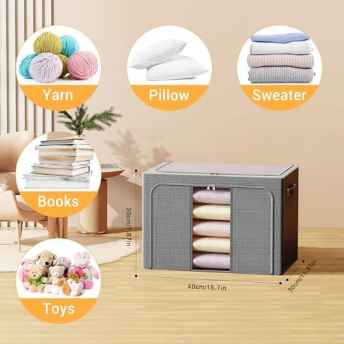 Clothes Storage Bins with Metal Frame, Foldable Clothes Organizers Storage Containers for Clothes, Sheets, Blankets, Pillows and Towels (24L, 3 Pack, Deep Grey) - Image 2