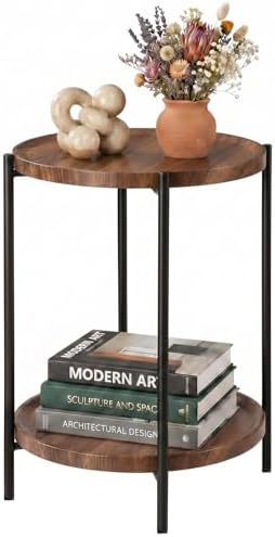 TeoKJ 2 Tier Small Side Table, Folding Round Metal End Table with Two Removable Wooden Tray, No Assembly Nightstand for Bedroom Living Room Bedside Round Bedside Table for Small Spaces, Walnut by TeoKJ