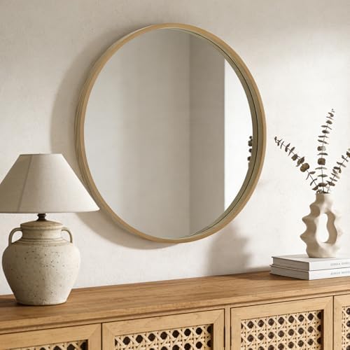 WallBeyond Round Wood Mirror, 32" Round Modern Decoration Large Circle Wall Mirror for Bathroom Living Room Bedroom Entryway, Natural - Image 3