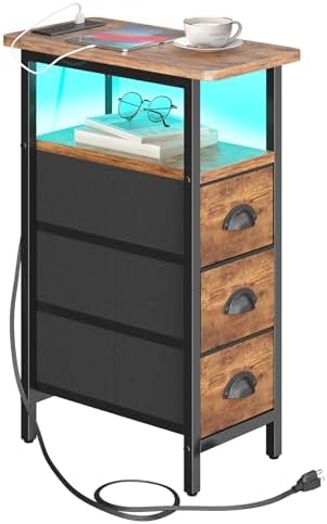 sthmec End Table with Charging Station,LED Side Tables with USB Ports and Outlets,Skinny Bedside Table with 3 Drawers,Small Nightstands for Small Space,Slim Sofa Table for Livingroom,Rustic Brown by Unknown
