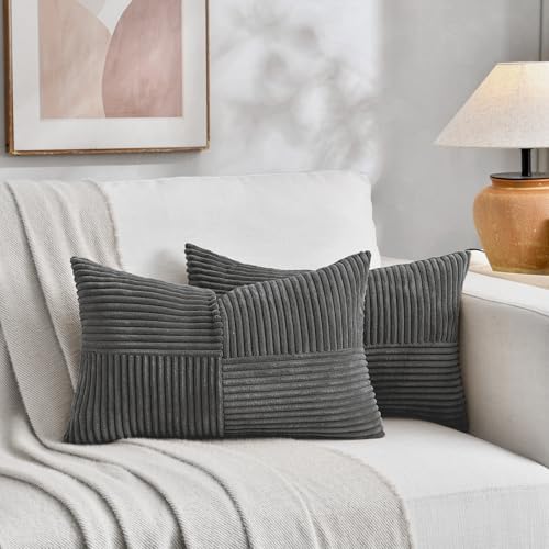 Fancy Homi 2 Packs Dark Gray Long Lumbar Decorative Throw Pillow Covers 12x24 Inch for Couch Bed Sofa, Rustic Farmhouse Boho Home Decor, Soft Striped Corduroy Rectangle Accent Cushion Case 30x60 cm - Image 5
