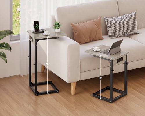 Vagusicc C Shaped End Table with Charging Station, Adjustable Height Side Table for Couch, C Table End Table Couch Table that Slide Under, Sofa Table TV Tray Arm Tables for Living Room, Bedroom, Gray - Image 2
