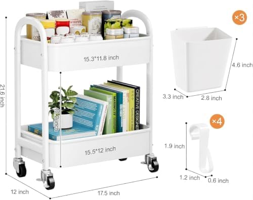 2 Tier Rolling Cart Metal with Wheels,White Under Desk Storage Roller Carts - Image 6