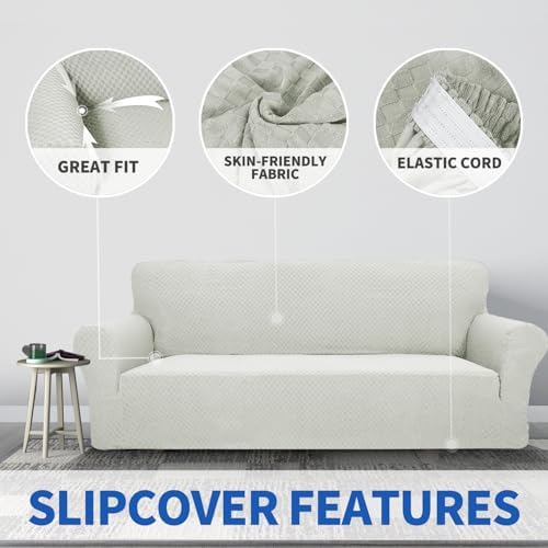 ZNSAYOTX 1 Piece Jacquard Couch Covers for 2 Cushion Couch High Stretch Loveseat Slipcover for Pets Dogs Anti Slip Love Seat Sofa Slipcover Furniture Protector (Medium, Ivory) - Image 3