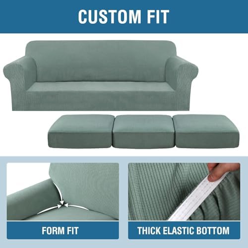 H.VERSAILTEX 4 Piece Stretch Sofa Covers for 3 Cushion Couch Covers for Living Room Furniture Slipcovers (Base Cover Plus 3 Seat Cushion Covers) Thicker Jacquard Fabric (Large Sofa, Sage) - Image 4