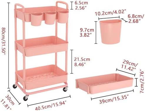 JIUYOTREE 3-Tier Plastic Rolling Storage Cart Utility Cart Pink - Image 2