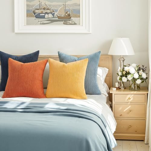 Topfinel Burnt Orange and Blue Couch Pillows Pack of 4 Decorative 16x16 Inch Velvet Pillow Covers for Bed Accent Modern Corduroy Pillowcase Sofa Livingroom Home Decor - Image 4