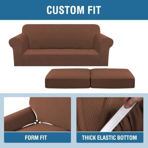 H.VERSAILTEX 3 Piece Stretch Sofa Covers for 2 Cushion Sofa Couch Covers for Living Room Sofa Slipcovers (Base Cover Plus 2 Seat Cushion Covers) Thicker Jacquard Fabric(Large Sofa, Caramel) - Image 4