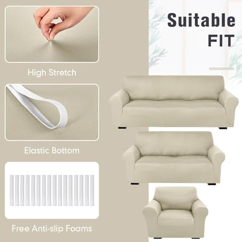 Peryiter 3 Pcs Couch and Loveseat Sofa Covers,Beige,Milk Silk - Image 5