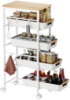 5-Tier Slim Storage Cart, Wooden Top Rolling Kitchen Cart with Pull-Out Baskets & Wheels, Narrow Space Utility Cart Slide Out Organizer for Kitchen, Bathroom, Laundry Room, White by Landmok
