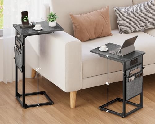 Vagusicc C-Shaped End Tables Set of 2 with Charging Station, 33'' Tall C Table Adjustable Height Side Table for Couch, Small Couch Table that Slide Under Sofa, TV Trays for Living Room, Gray Walnut - Image 2