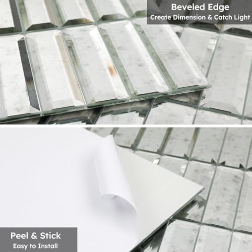 Diflart Peel and Stick Mirror Backsplash, Light Antique, 1.8 x 11.8 Inch, Beveled Mirror Three Strips Tiles for Kitchen Bathroom Accent Wall, Pack of 5 Sheets - Image 3