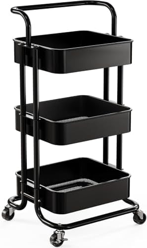 Pipishell Metal 3 Tier Rolling Cart with Handle & 2 Lockable Wheels, Black by Pipishell