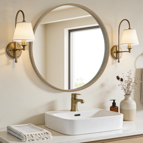 WallBeyond Round Wood Mirror 28" Circle Wall Mirror for Bathroom Round Wall Mirror for Wall Decor, Vanity, Entryway Living Room, Honey - Image 2