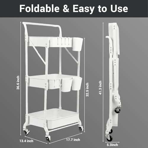 Amatic 3-Tier Folding Rolling Utility Cart with Wheels, Foldable Storage Cart Organizer with 3 Hanging Cups & 6 Hooks for Kitchen, Office, Living Room, Nursery(White) - Image 2