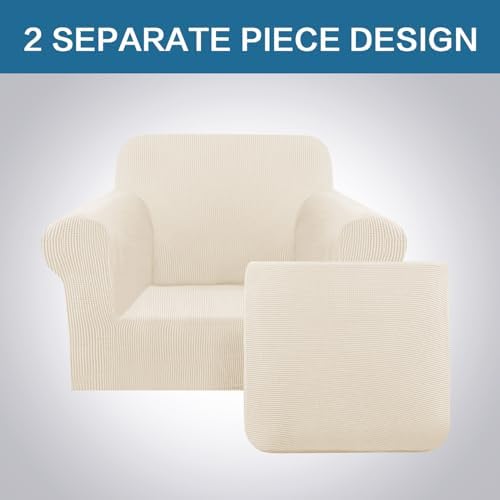 H.VERSAILTEX 2 Piece Couch Cover Stretch Stylish Chair Cover Furniture Protector Featuring Jacquard Textured Twill Fabric High Spandex Slipcover (Chair, Cream) - Image 3