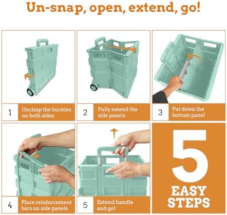 Inspired Living Ultra-Slim Rolling Collapsible Storage Pack-N-Roll Utility-carts, with Telescopic Handle, for Home, Garden, Shopping, Office, School use, Large, Mint - Image 6