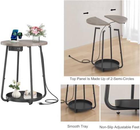sthmec Small Round Side End Table with Storage and Charging Station, 2 Tier Round Bedside Sofa Couch Coffee Tables with Tray, Metal Nightstand for Small Spaces, Living Room Bedroom, Grey - Image 4