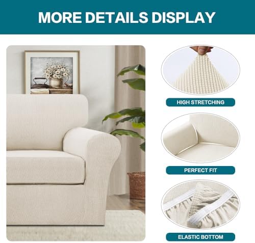 Turquoize 2 Piece Chair Covers Armchair Slipcovers for Living Room Armchair Sofa Cover with Individual Cushion Covers Feature Jacquard Fabric (Chair, Cream) - Image 4