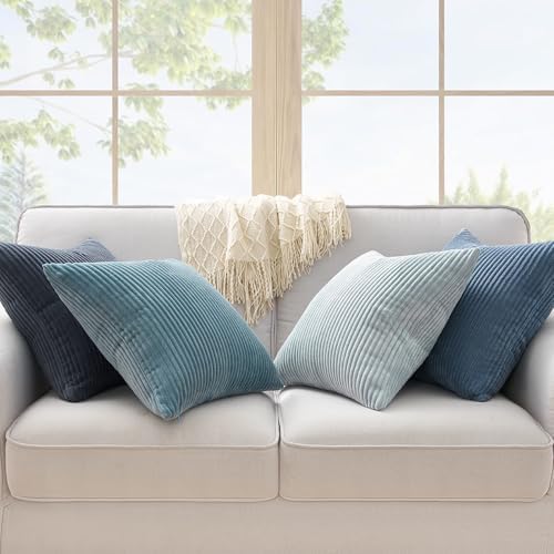 Topfinel BlueGray Decorative Throw Pillow Covers 16x16 Inch Set of 4,Soft Accent Corduroy Striped Gradient Color Small Cushion Cover for Beach,Patio,Balcony,Couch Living Room,Summer Home Decor - Image 2