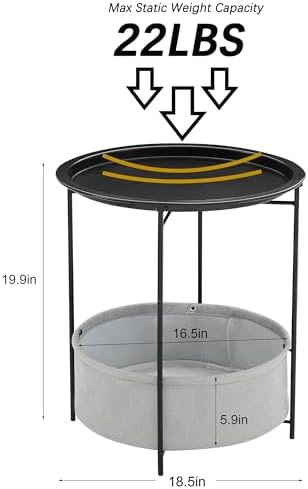 VECELO Round Side/End Table with Fabric Storage Basket，Metal Anti-Rust and Waterproof Small Bedside Nightstand with Removable Tray Top for Living Room，Balcony & Laundry，Black /2pcs with Basket - Image 3