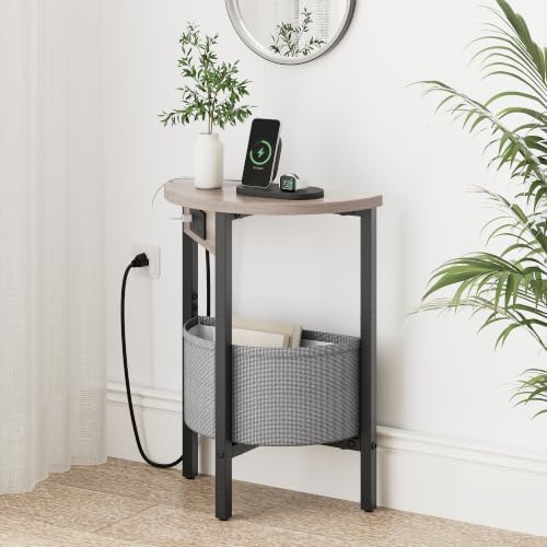VAGUSICC Round Side Table with Charging Station, Small Round Accent End Table with Fabric Basket, Set of 2 Half Moon Tables Coffee Table, Bedside Table, Modern Nightstand for Living Room Bedroom, Grey - Image 2
