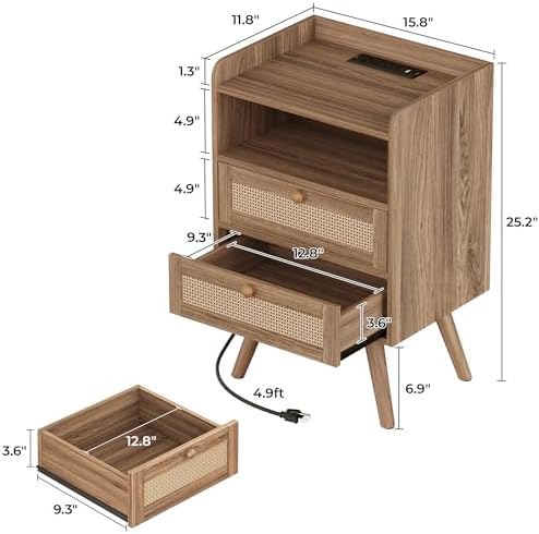 SUPERJARE Night Stand with Charger Station, Boho Rattan Nightstand Set of 2 - Image 3