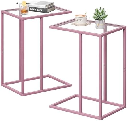 C Shaped End Table Set of 2, Small Side Couch Sofa Tables for Living Room,Glass Tv Tray Snack Dinner Table with Metal Frame, Easy Assembly (Pink) by Easy+Paws