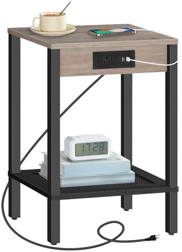 HOOBRO Side Table with Charging Station, End Table with USB Ports and Outlet, Nightstand with 2-Tier Storage Shelf, Faux Rattan Decoration, for Small Space, Greige and Black BG91UBZ01 by HOOBRO