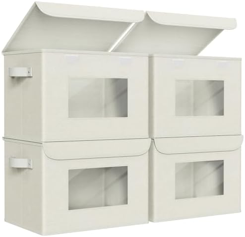 Univivi Fabric Storage Bins with Lids for Clothes 4 Pack, Beige Linen by Univivi