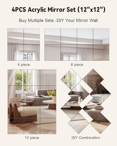 Full Length Wall Mirror Tiles, 12'' x 12'' x 4PCS, Acrylic Unbreakable Full Body Mirror for Bedroom Squares Shatterproof Mirror Sheets Wall Mounted for Home Gym Door Plexiglass Mirrors Safe for Kids - Image 2