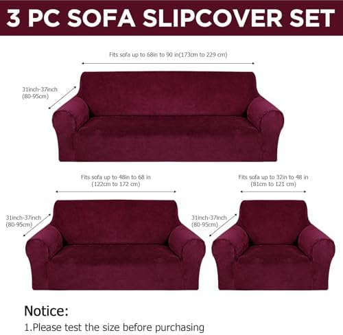 Peryiter 3 Pcs Couch and Loveseat Sofa Covers,Burgundy,Velvet - Image 2