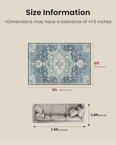AMADA HOMEFURNISHING Washable Area Rugs, Low-Profile Washable Rug with Non-Slip Backing & Durable Edge Binding, Vintage Rugs for Living Room, Bedroom, Dinning Room (6x9, Blue/Yellow) - Image 2