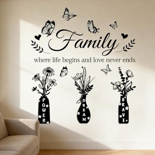 Family Where Life Begins and Love Never Ends Wall Decal - Inspirational Quote with Floral Vase & Butterfly Stickers, Power Dream Brave Vinyl Wall Art for Living Room, Entryway, Farmhouse Home Decor - Image 5