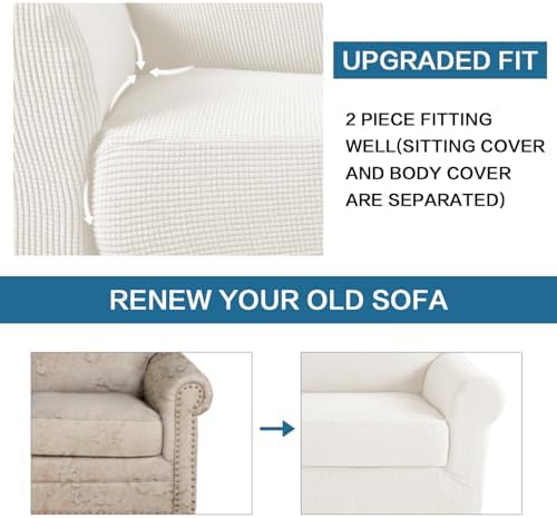 H.VERSAILTEX 2 Piece Couch Cover Stretch Stylish Chair Cover Furniture Protector Featuring Jacquard Textured Twill Fabric High Spandex Slipcover (Chair, Porcelain White) - Image 6