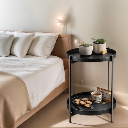 Foldable 2-Tier Round Side Table, Metal End Table with Storage for Indoor Outdoor Use, Small Coffee Table for Living Room, Bedroom, Patio, Black​ - Image 5