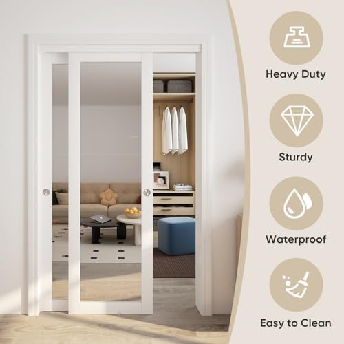 JUBEST 96" x 80" Mirror Closet Door, Preassembled One Side Mirror Door with Hardware Kit & Matching Fascia, Solid Wood Frame with Water-Proof PVC Surface, Easy to Install, White - Image 2