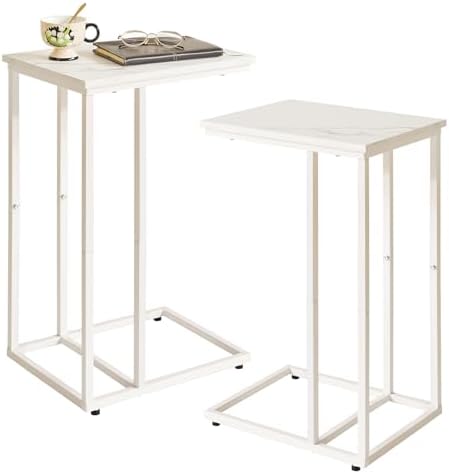 Aibiju C Shaped End Table Set of 2, Small Side Table for Sofa and Bed, White Bedside Table, Laptop Desk for Couch, 16x12x25 Inch, Faux Marble with White Frame YD-TM051W-2 by Aibijusolidwoodfurniture