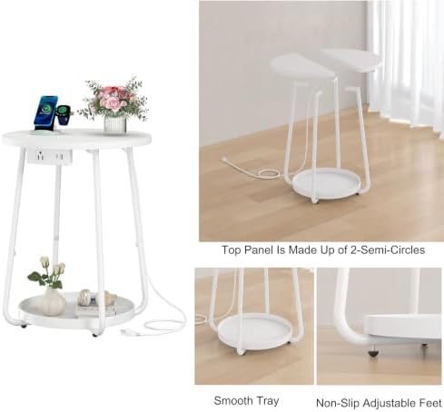 sthmec Small Round Side End Table with Storage and Charging Station, 2 Tier Round Bedside Sofa Couch Coffee Tables with Tray, Metal Nightstand for Small Spaces, Living Room Bedroom, White - Image 4