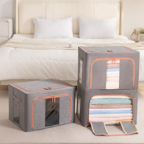 GuliPostan 3 Pack 24L Stackable Clothes Storage Bins with Metal Frame Handles & Zipper, Collapsible Closet Organizer Box with Lid for Bedding Blankets Towel (Grey) - Image 6
