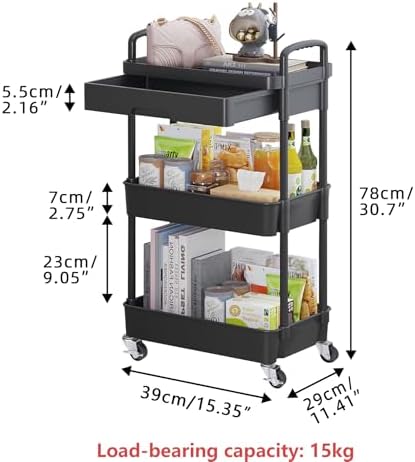Calmootey 3-Tier Utility Cart with Drawer & Wheels, Storage for Home,Office - Image 5